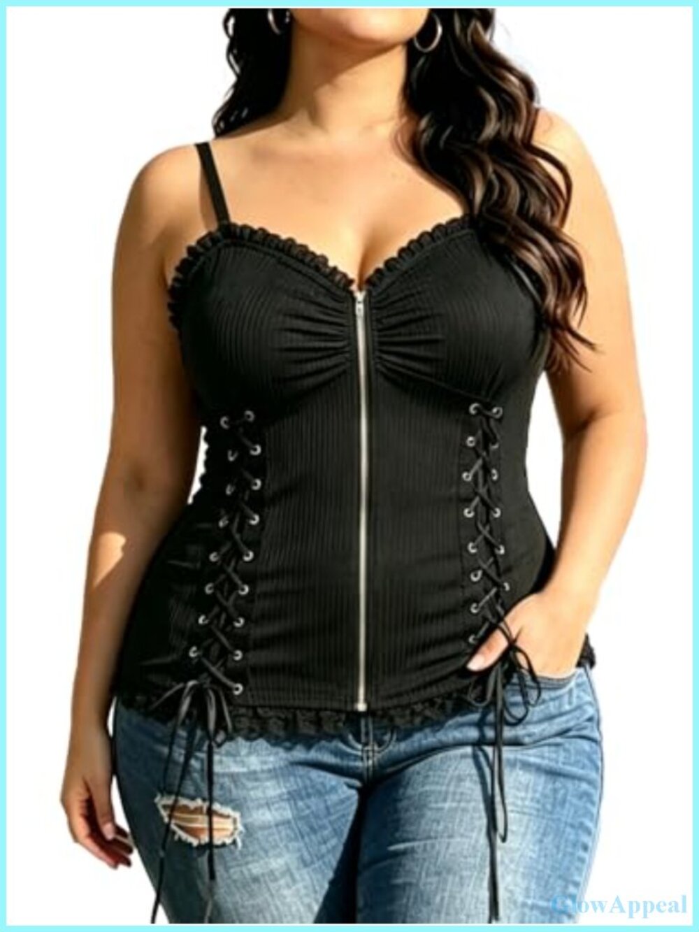 Plus Size Corset Top Lace Up Ribbed Tank Goth Streetwear Adjustable Straps